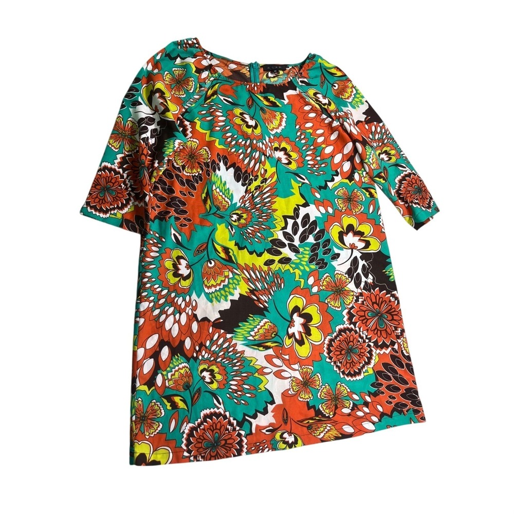 Glam M Dress Retro Floral Mod Print Teal Orange Long Sleeve Shift Mini Dress